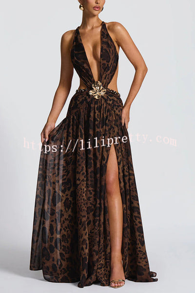 Kinara Leopard Print Deep V-neck Metal Flower Hollow Beads Detail Slit Maxi Dress