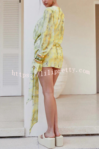 Tie-dye Print V-neck Long-sleeved Ribbon Vacation Mini Dress