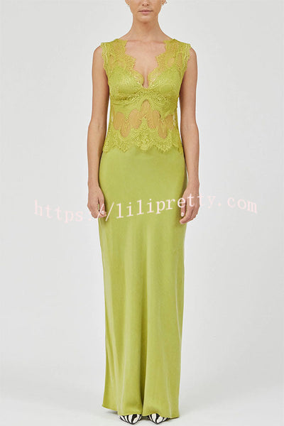 Effortless Elegance Satin Sheer Lace Patchwork V-neck Drape Maxi Dress