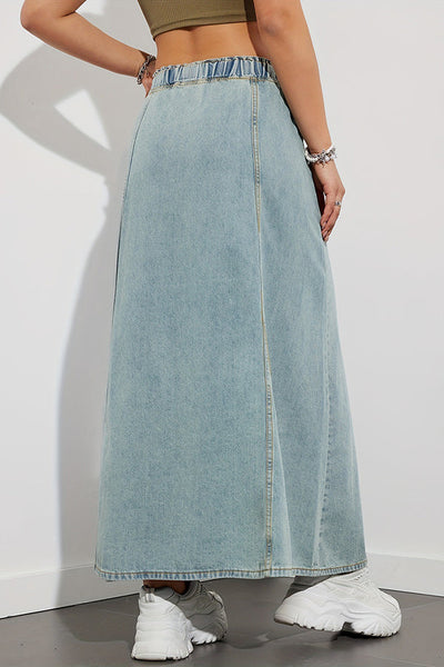 Fashion Elastic Waist Drawstring Casual Pocket Denim Maxi Skirt