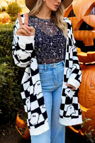 Halloween Ghost Pattern Casual Long Knit Sweater