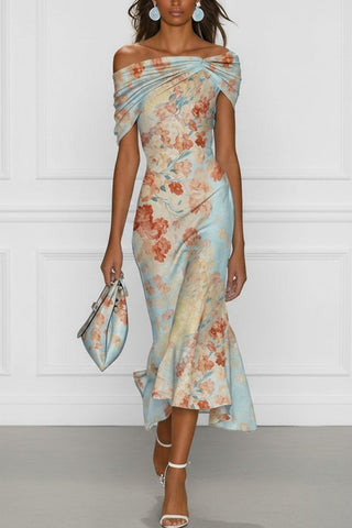Floral Off-shoulder Sleeveless Fishtail Midi Dress