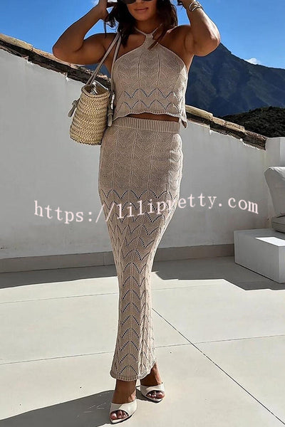 Solid Knit Hollow Halter Top and Stretch Fit Maxi Skirt Set