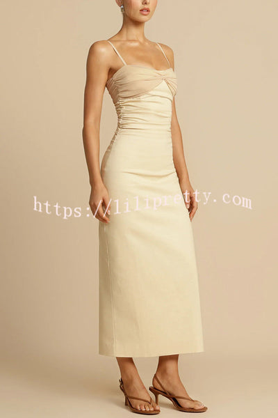 Effortless Elegance Contrast Gauze Fabric Ruched Slit Slip Midi Dress