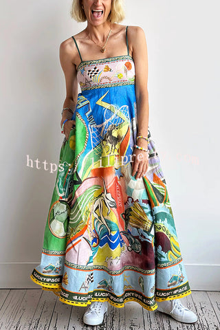 Linen Blend Unique Print Suspenders Back Pleated Pocket Resort Style Maxi Dress