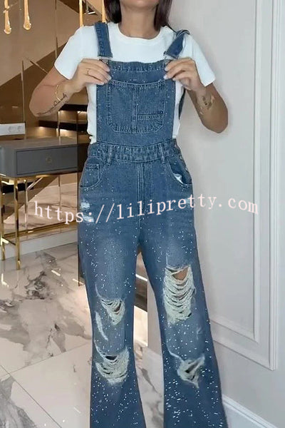 Fashionable Hot Diamond Casual Pocket Ripped Denim Overalls