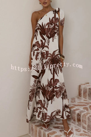 Botanical Print Sleeveless One-shoulder Casual Vacation Maxi Dress