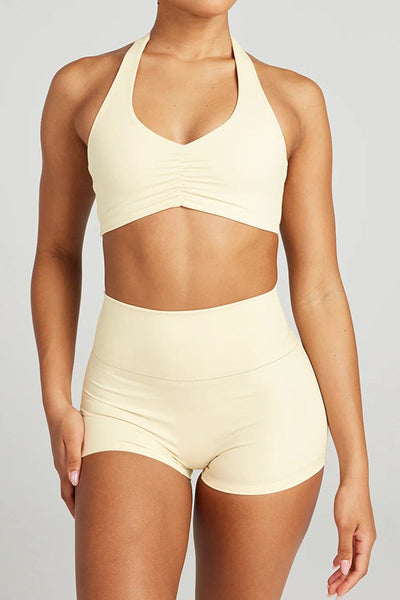 Fashionable Sports Yoga Style Halterneck Top and Stretch Slim Shorts Set