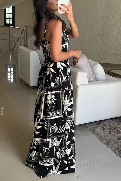 Botanical Print Suspender Tie Back Pleated Holiday Maxi Dress