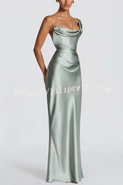 Thalassa Satin One Shoulder Scooped Neck Bias Cut Pleated Maxi Dress