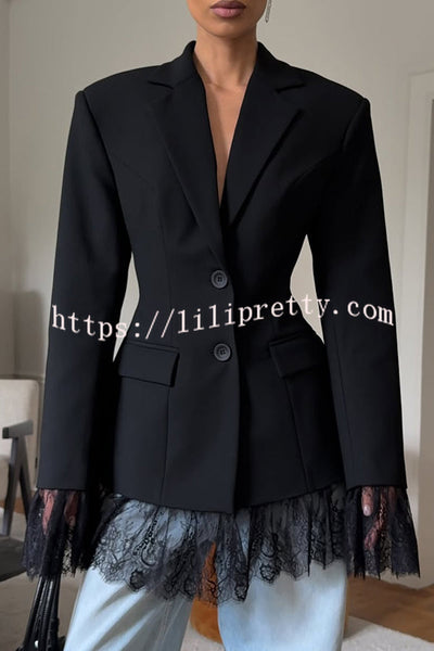 Solid Color Lace Panel Long Sleeve Button Elegant Blazer