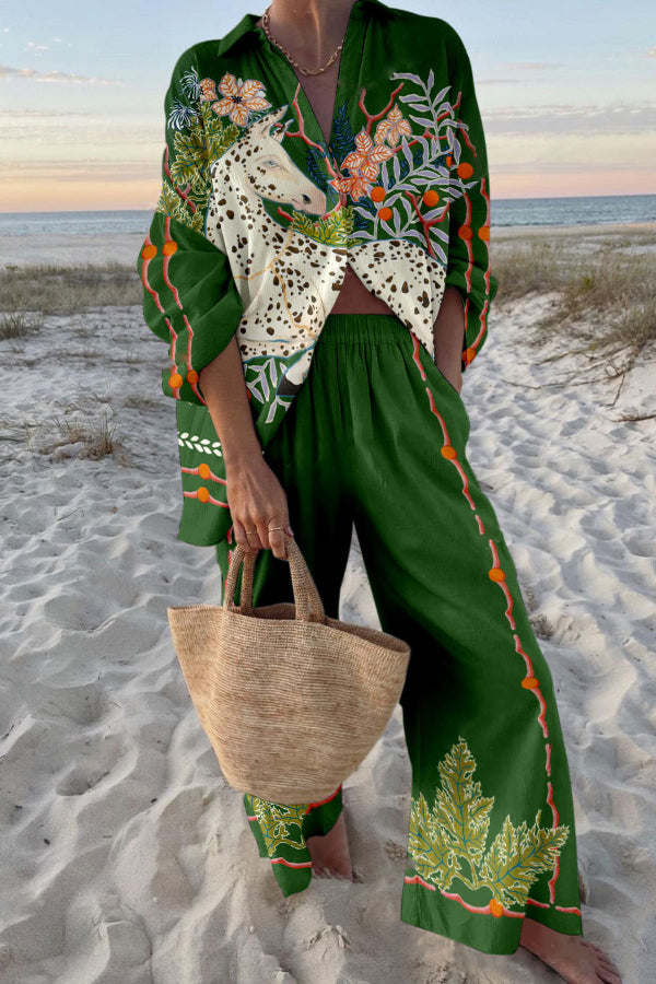 Spotted Horse Print Oversized Shirt and Elastic Waistband Pocket Trousers Set