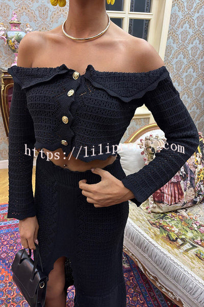 Fashion Knitted Off-the-shoulder Long-sleeved Top and Elastic Slit Maxi Skirt Set