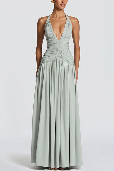 Amaris Halter Tie-up V-neck Ruched Detail Back Lace-up Slit Drape Maxi Dress