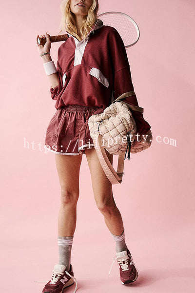 Fashion Contrast Color Stitching Stand Collar Long Sleeve Top and Elastic Waist Loose Pocket Shorts Set
