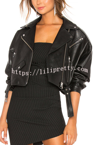 Fashion Lapel Long Sleeve Casual Zipper Pocket Leather Jacket