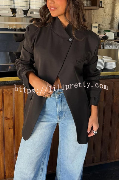 Timelessly Yours Stand Neck Single Button Long Sleeve Pocket Loose Blazer