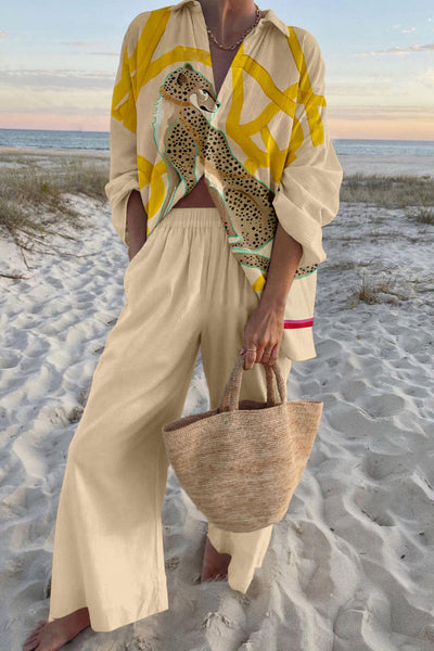 Spotted Cheetah Print Oversized Shirt and Elastic Waist Pocket Pants Set