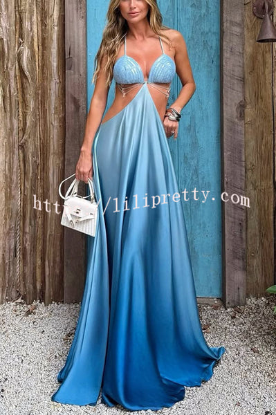 Cleo Sequin Chain Detail Gradient Print Back Tie-up Vacation Maxi Dress