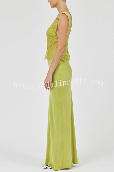 Effortless Elegance Satin Sheer Lace Patchwork V-neck Drape Maxi Dress