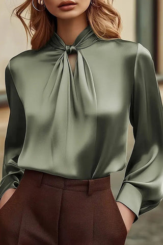 Solid Color Satin Long Sleeve Hollow Elegant Shirt