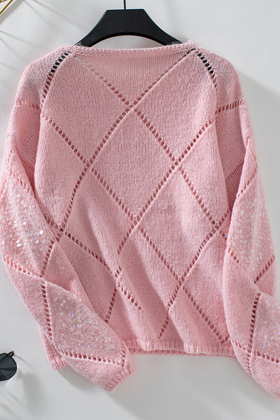 Fashionable Hollow Sequined Loose Rhombus Knitted Sweater