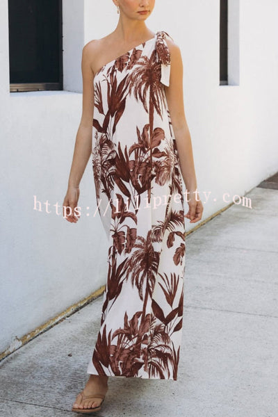 Botanical Print Sleeveless One-shoulder Casual Vacation Maxi Dress
