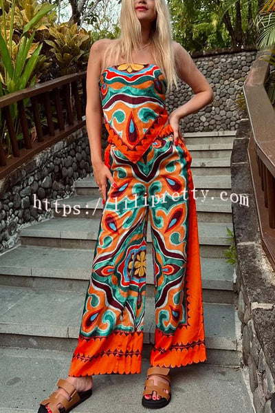 Ethnic Style Unique Print Tube Top and Elastic Waist Casual Pocket Wide Leg Pants Set