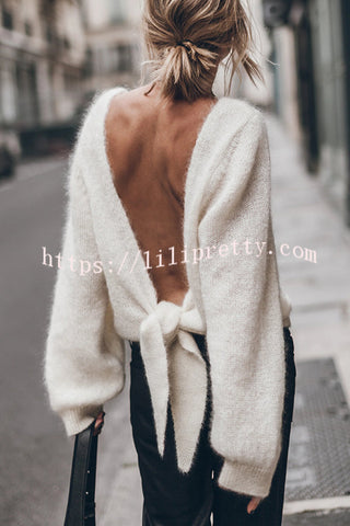 Chunky Season Knit Mohair-blend Long Sleeve Open Back Knot Design Loose Sweater