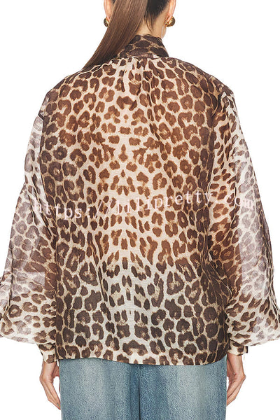 Arianne Chiffon Leopard Print Bow Neck Long Balloon Sleeve Loose Blouse