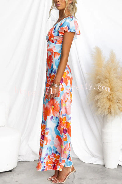 Say I Do Satin Floral Print Cap Sleeves Maxi Dress