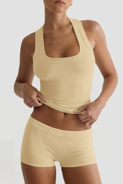 Fashionable Sports Yoga Style Sleeveless Square Neck Top and Elastic Slim Shorts Set