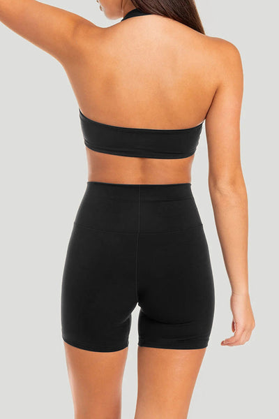 Fashionable Sports Yoga Style Halterneck Top and Stretch Slim Shorts Set