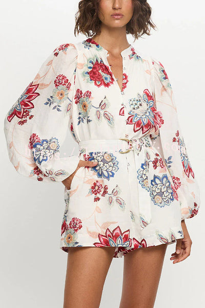 Floral Print Elegant Long Sleeve Waist Tie Casual Rompers