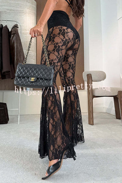 Chic Moment Floral Lace High Rise Elastic Waist Fishtail Hem Stretch Pants