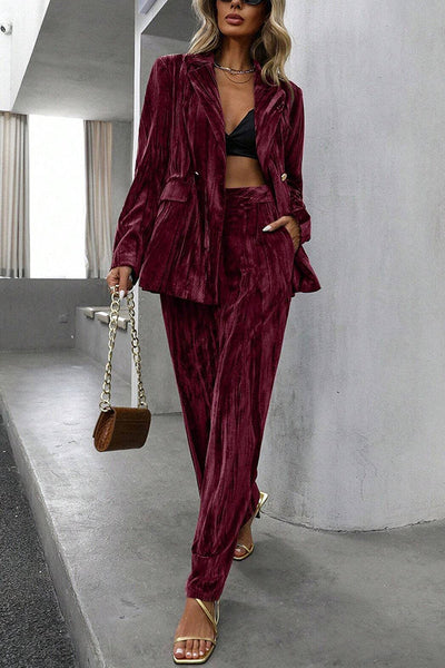 Solid Color Velvet Loose Long-sleeved Top and Elastic Waist Pocket Casual Straight-leg Pants Set
