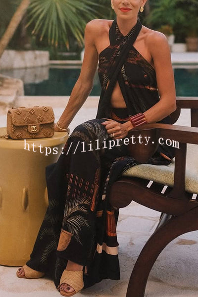 Jungle Elf Unique Print Halter Slit Midi Tank and Elastic Waist Wide Pants Set