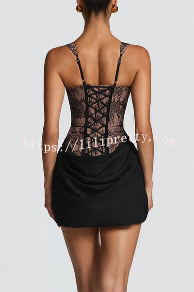 Cornelia Floral Lace Contrast Structural Detail Back Lace-up Satin Hem Mini Dress