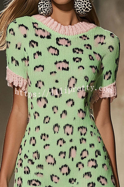 Leopard Print Contrast Color Knit Short Sleeve Ruffled Mini Sweater Dress