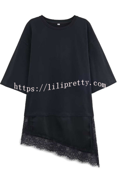 Stylish Round Neck Short-sleeved Patchwork Lace Hem Loose T-shirt