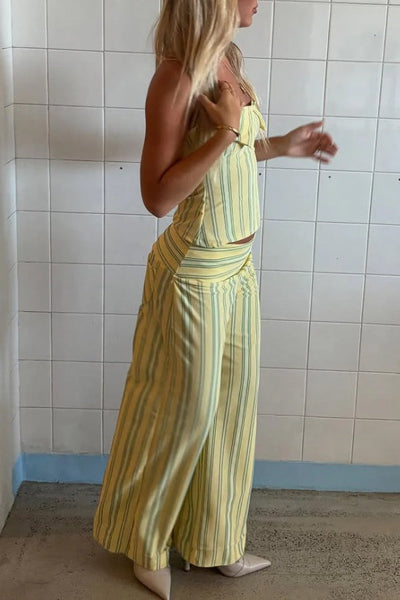 Striped Halter Top and Wide-leg Pants Set