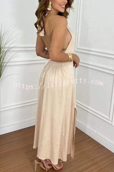 Chasing Sunlight Halter Tassle Backless Slit A-line Maxi Dress