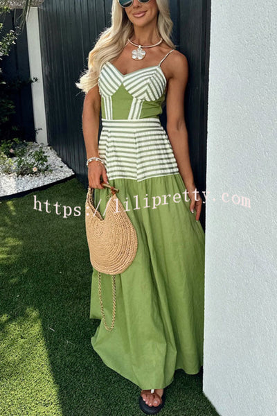 Dove Linen Blend Striped Contrast Back Smocked Slip Maxi Dress