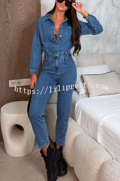 Downtown Diva Denim Button Up Long Sleeve Pocket Shirt Overalls Jumpsuit