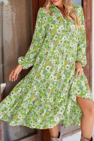 Bohemian Floral Print Loose Casual Long Sleeve Midi Dress
