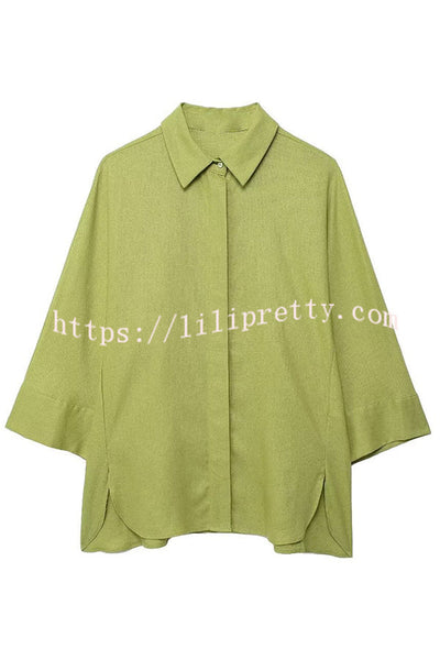 Solid Color Loose Casual Shirt and Elastic Waist Pocket Wide Leg Pants Set