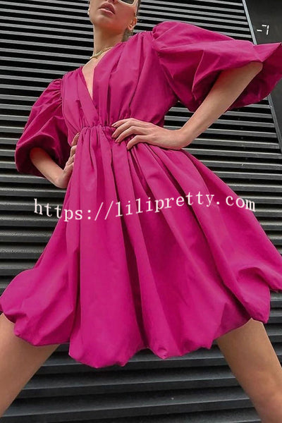 Solid Color Sexy V-neck Lantern Sleeve Waist Mini Dress