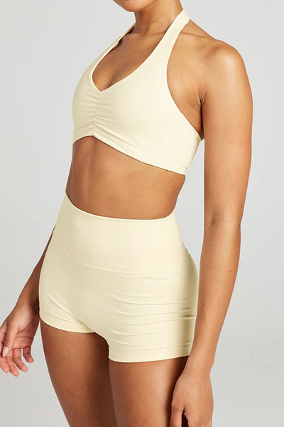 Fashionable Sports Yoga Style Halterneck Top and Stretch Slim Shorts Set