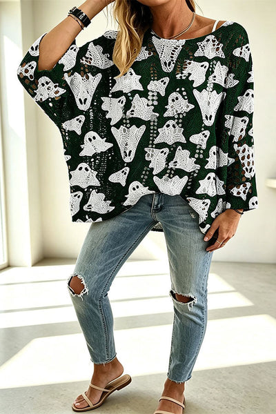 Halloween Pumpkin & Bat Hollow Out Knit Oversized Sweater