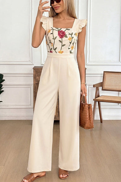 Floral Embroidered Ruffle Trim Jumpsuit